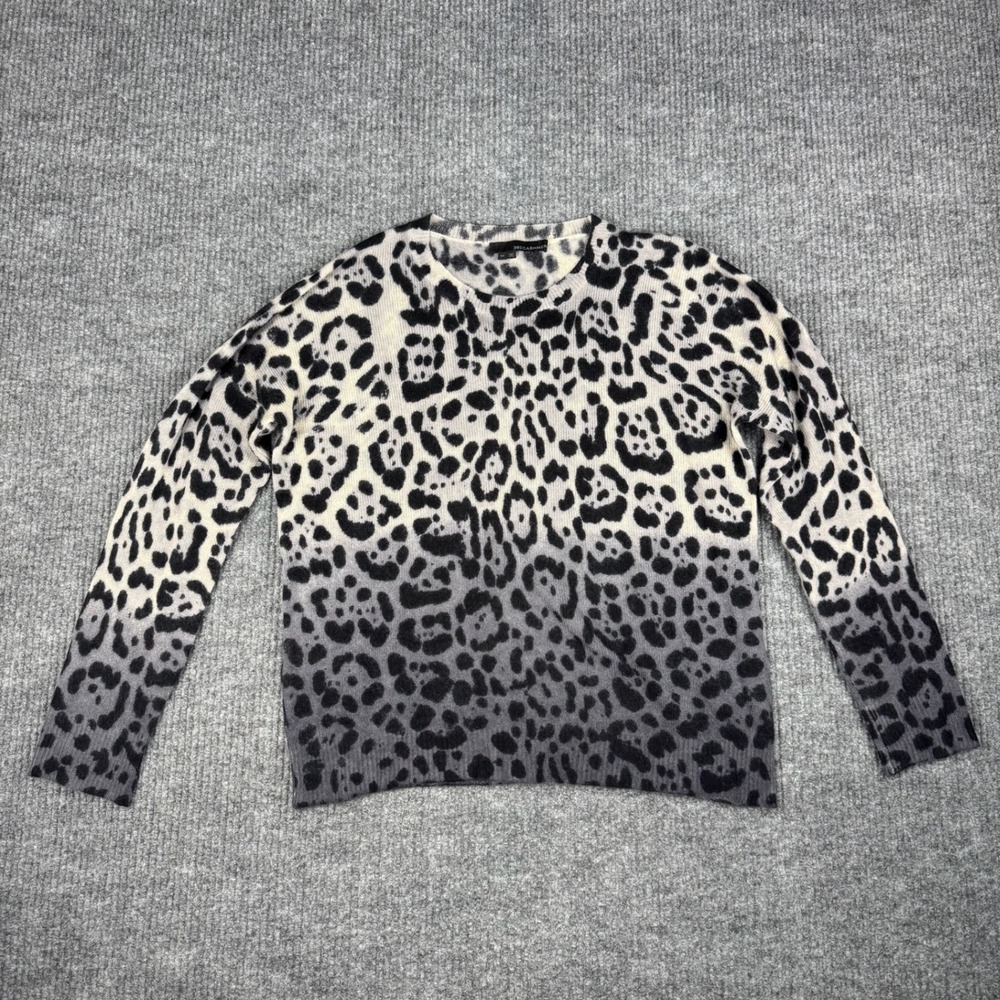 360Cashmere Sweater Womens M 100% Cashmere Gray Ombre Leopard Crewneck Luxury